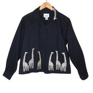 Christopher & Banks Black Jean's Jacket Cotton Giraffe Embroidered Safari Medium